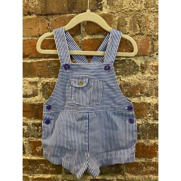 Yellow Bird VINTAGE Blue WhiteTrain Conductor Stripes Overall Bib Shorts Baby/To - Picture 1 of 6